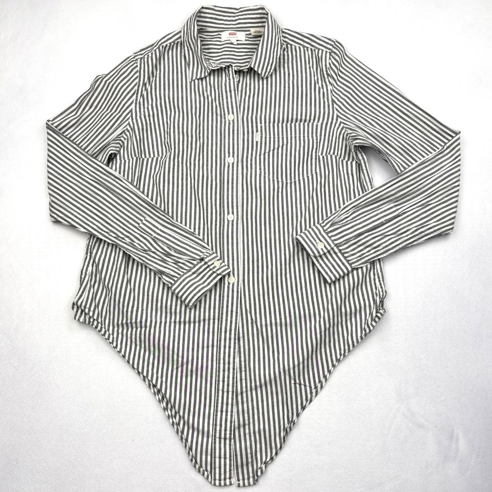 Levis Womens Small Gray White Striped Cotton Long Sleeve Tie Front Shirt Top S